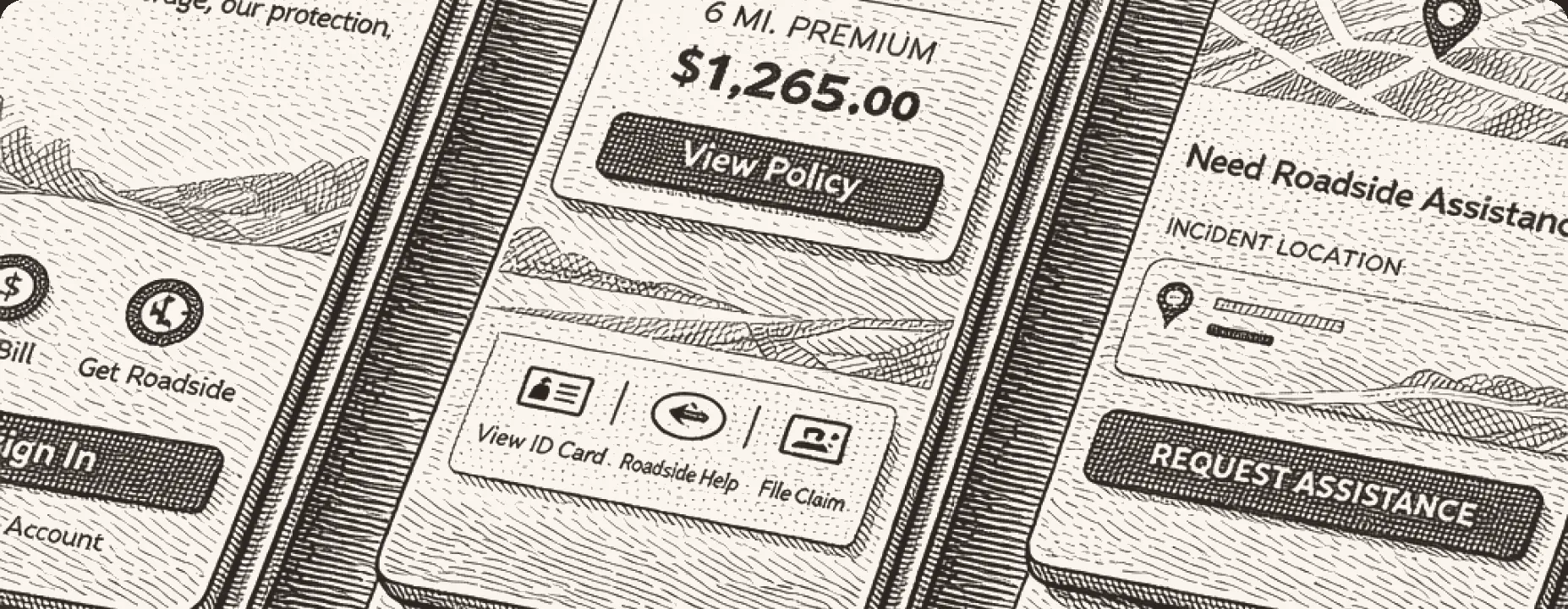Mobile insurance app screens showing policy management, claims, and roadside assistance features