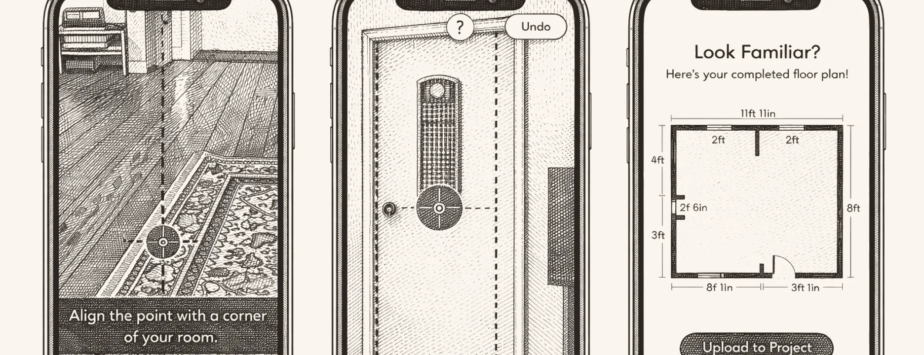 Person using augmented reality on a phone to measure and plan a room layout