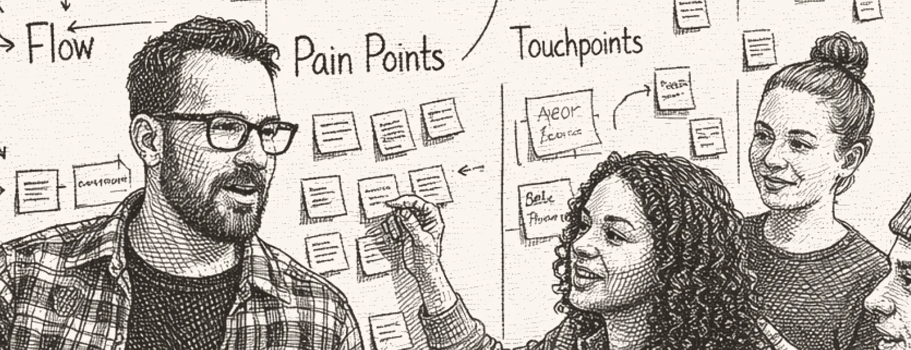 Team collaborating at a whiteboard covered in sticky notes and process diagrams