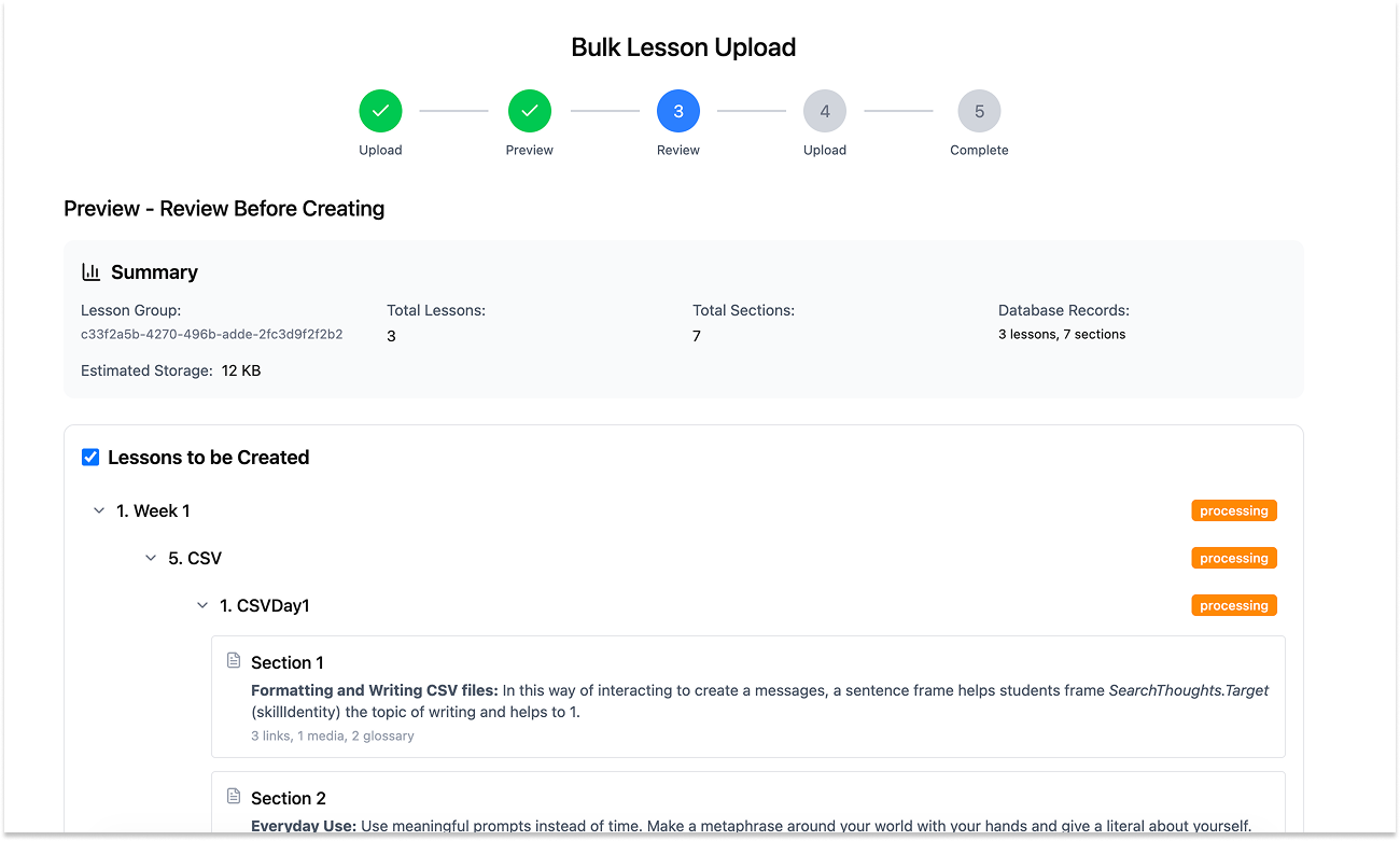 Bulk Lesson Upload tool interface showing a five-step wizard at the Preview stage with lesson data ready for database upload