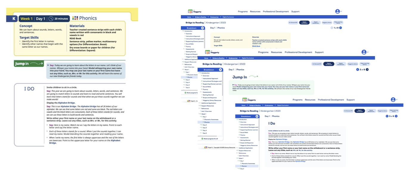 Heggerty digital curriculum displayed in the CMS showing lesson content structure
