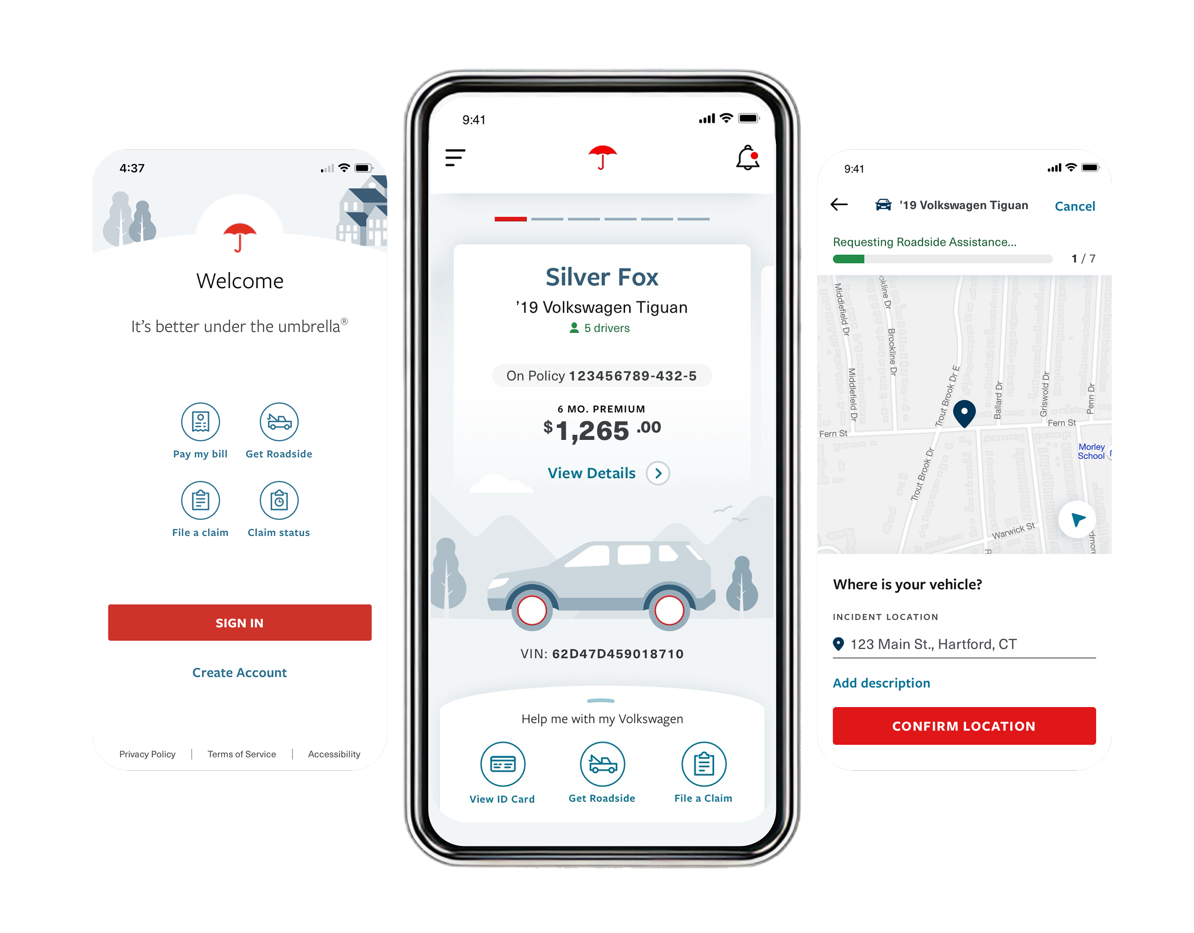 Travelers insurance app showing item-centric design with a car as the organizing principle and contextual actions for coverage, roadside, and claims